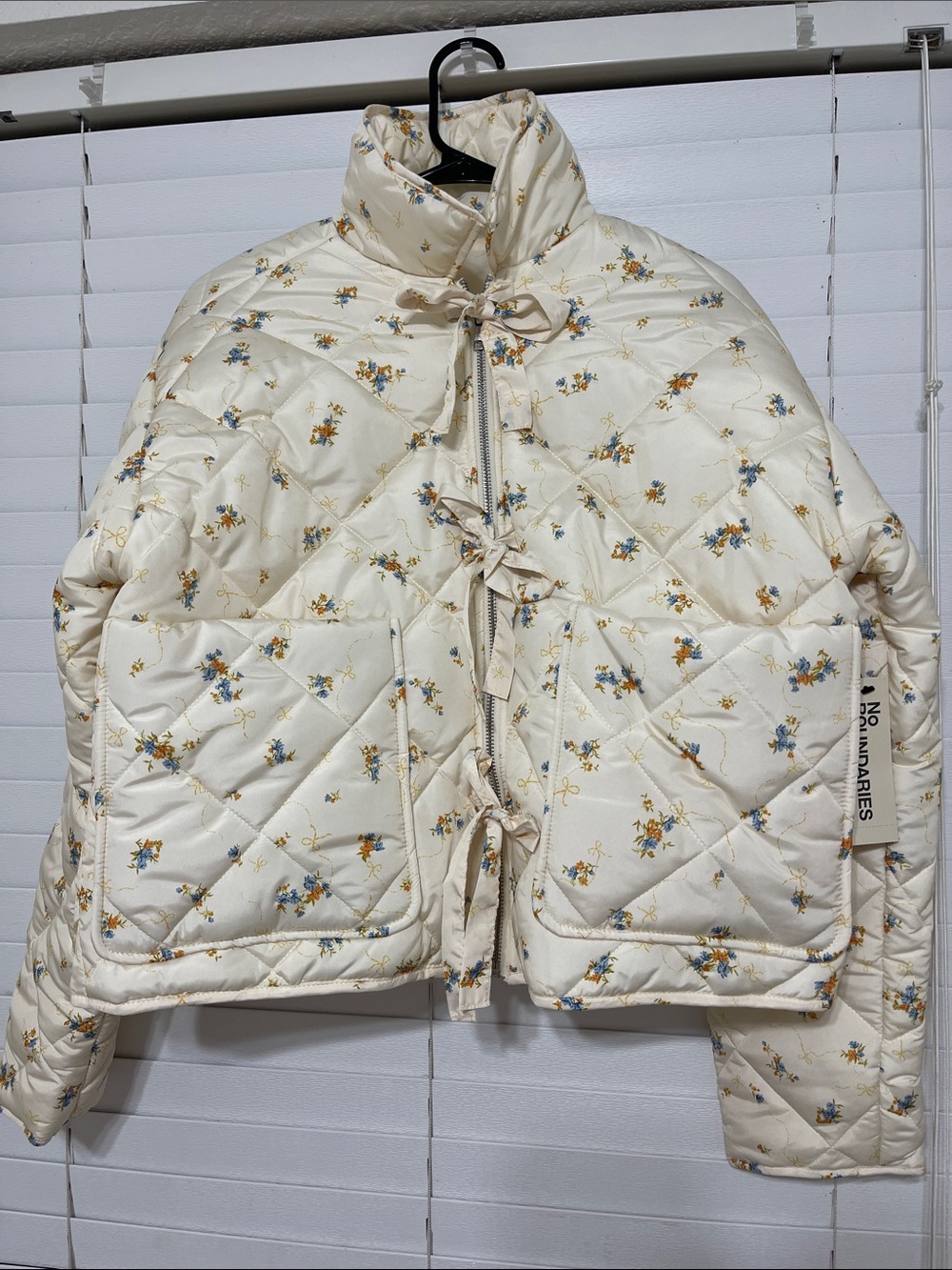 No Boundaries Cream Quilted Floral Puffer Jacket with Blue & Yellow Accents